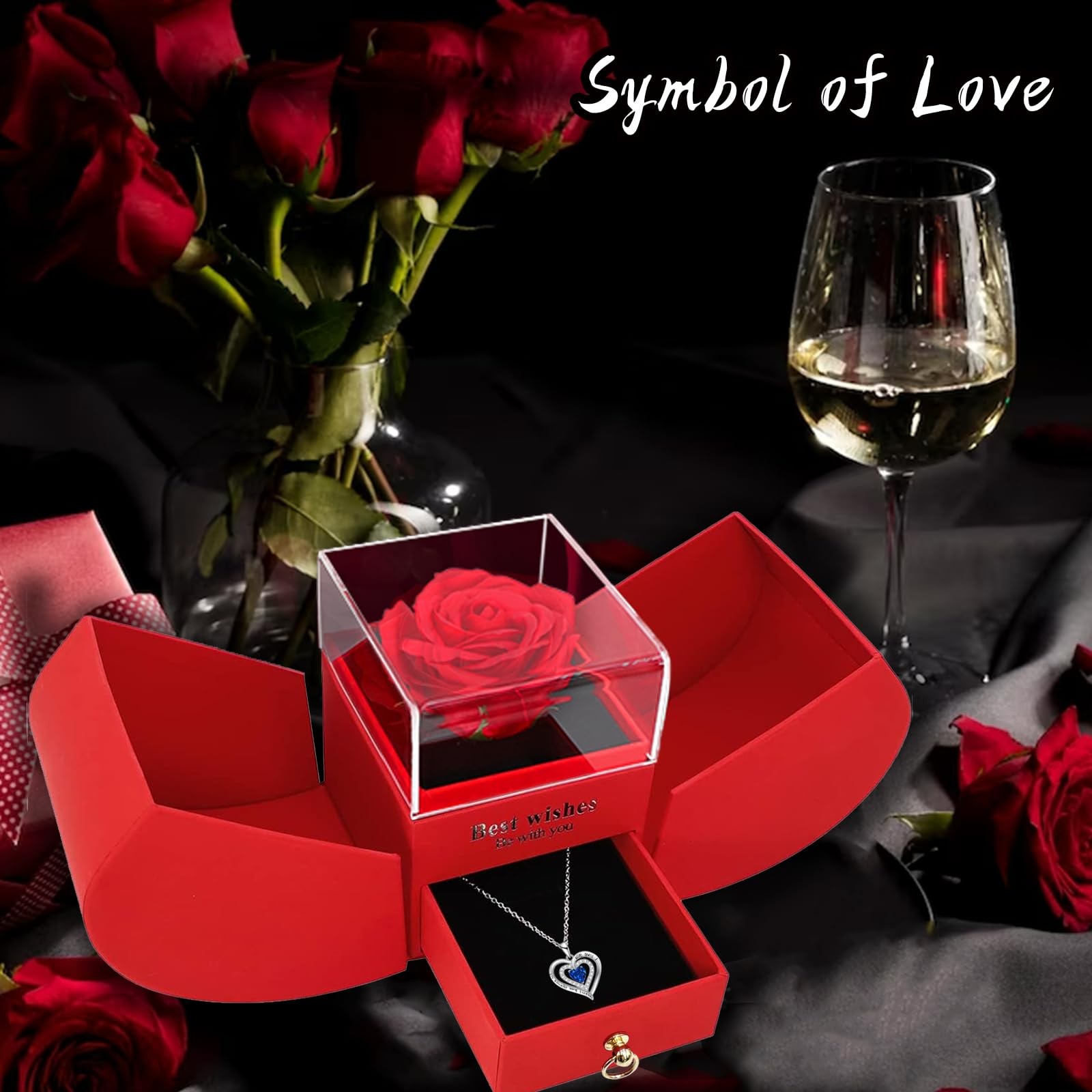 Women Gifts Ideas for Birthday, Preserved Forever Rose Gift with Necklace – Wife