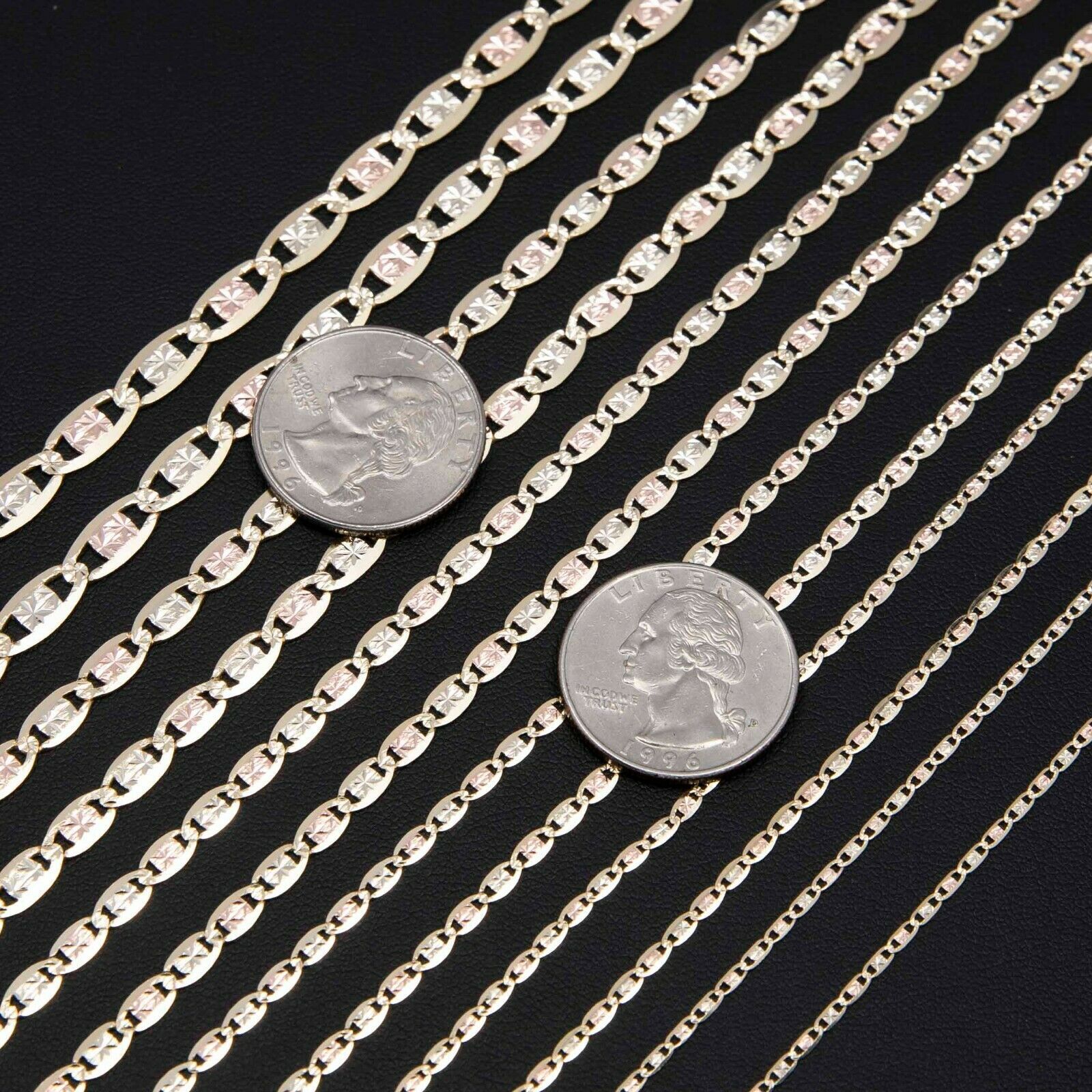 Textured Valentino Link Chain Necklace Real 10K Tri-Color Gold All Sizes