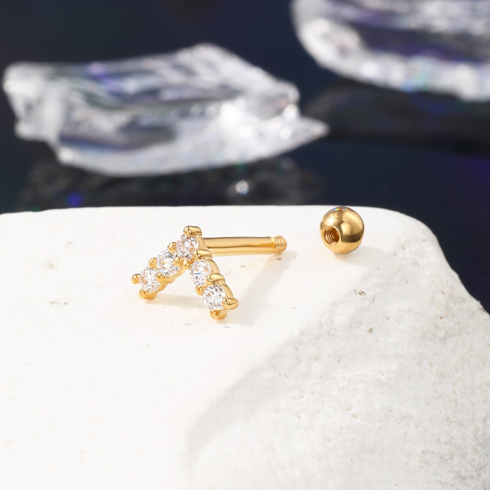 0.1CT Zircon 14K Real Solid Gold V-Shape Stud Earrings Cartilage Lobe Stud