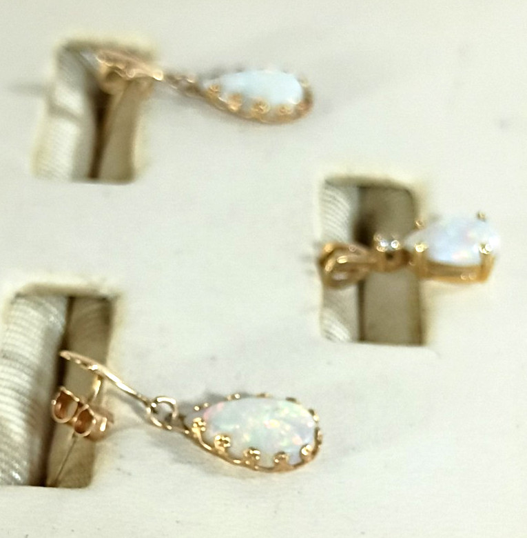 Vintage 14K Gold Opal Earrings & Pendant Set Natural White Fire Opal Mexico
