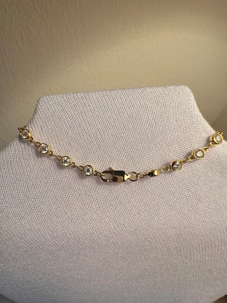 Women’s Natural Round Cut Diamond Bezel Station Necklace 18” 14K Yellow Gold