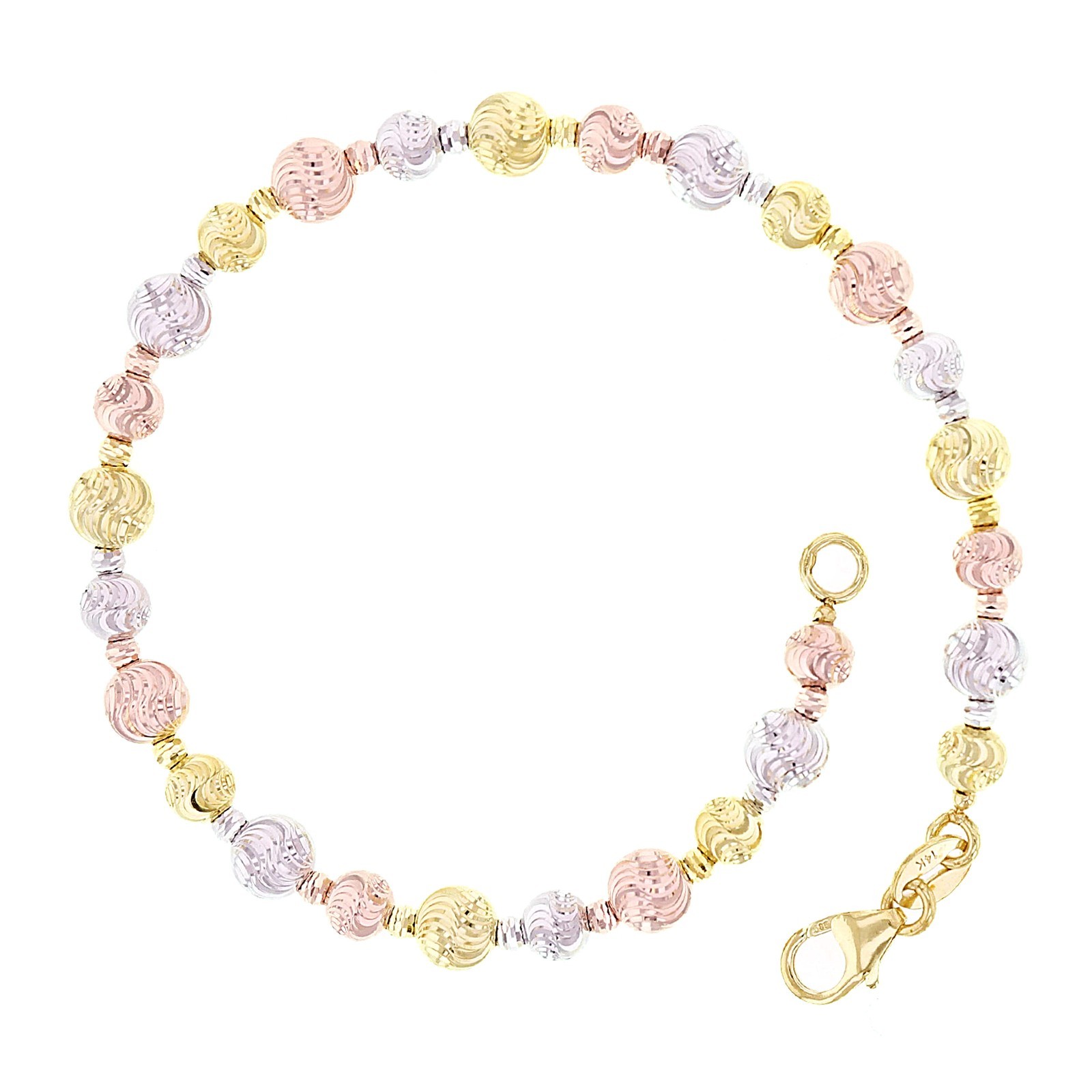 Italian 14k Tri-Color Gold Diamond Cut Ball Bead Bracelet 7″ 5mm 4.2 grams