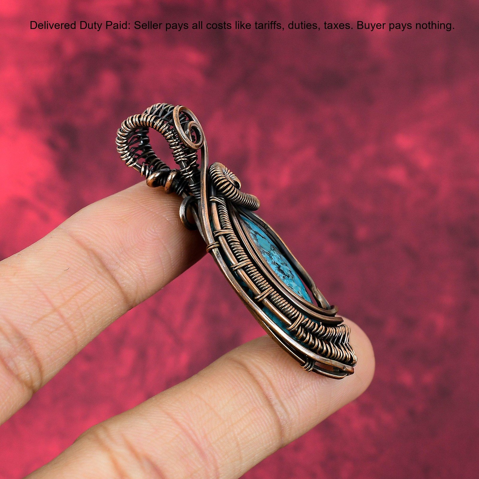 Tibetan Turquoise Stone Copper Wedding Wire Wrapped Engagement Pendant Jewelry