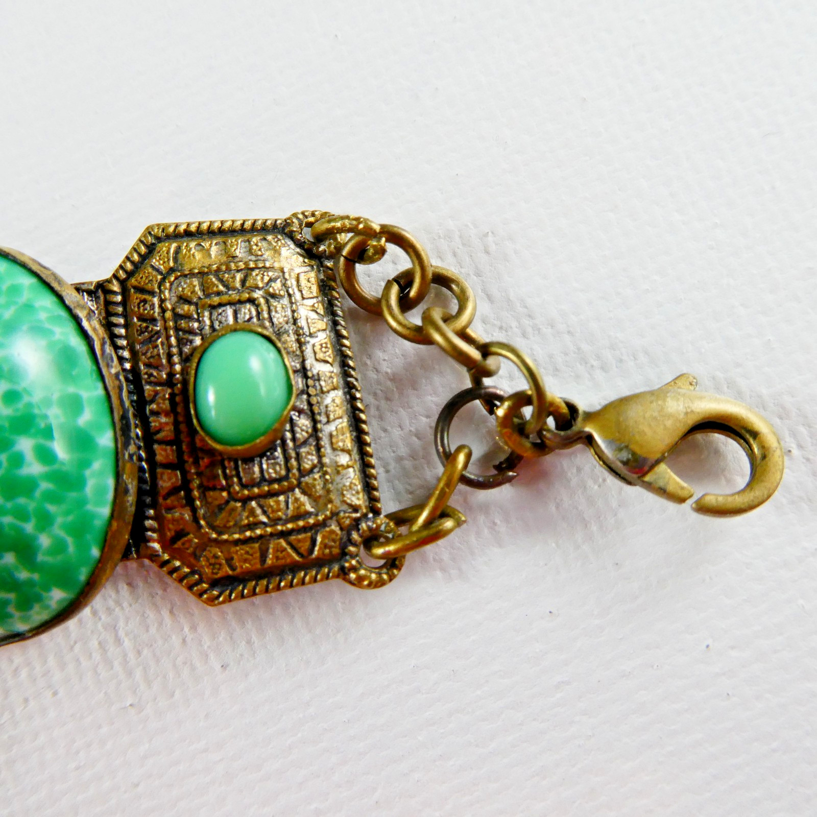 Vintage Czech Ornate Brass Tone Bracelet Filigree Links Peking Glass Cabochons