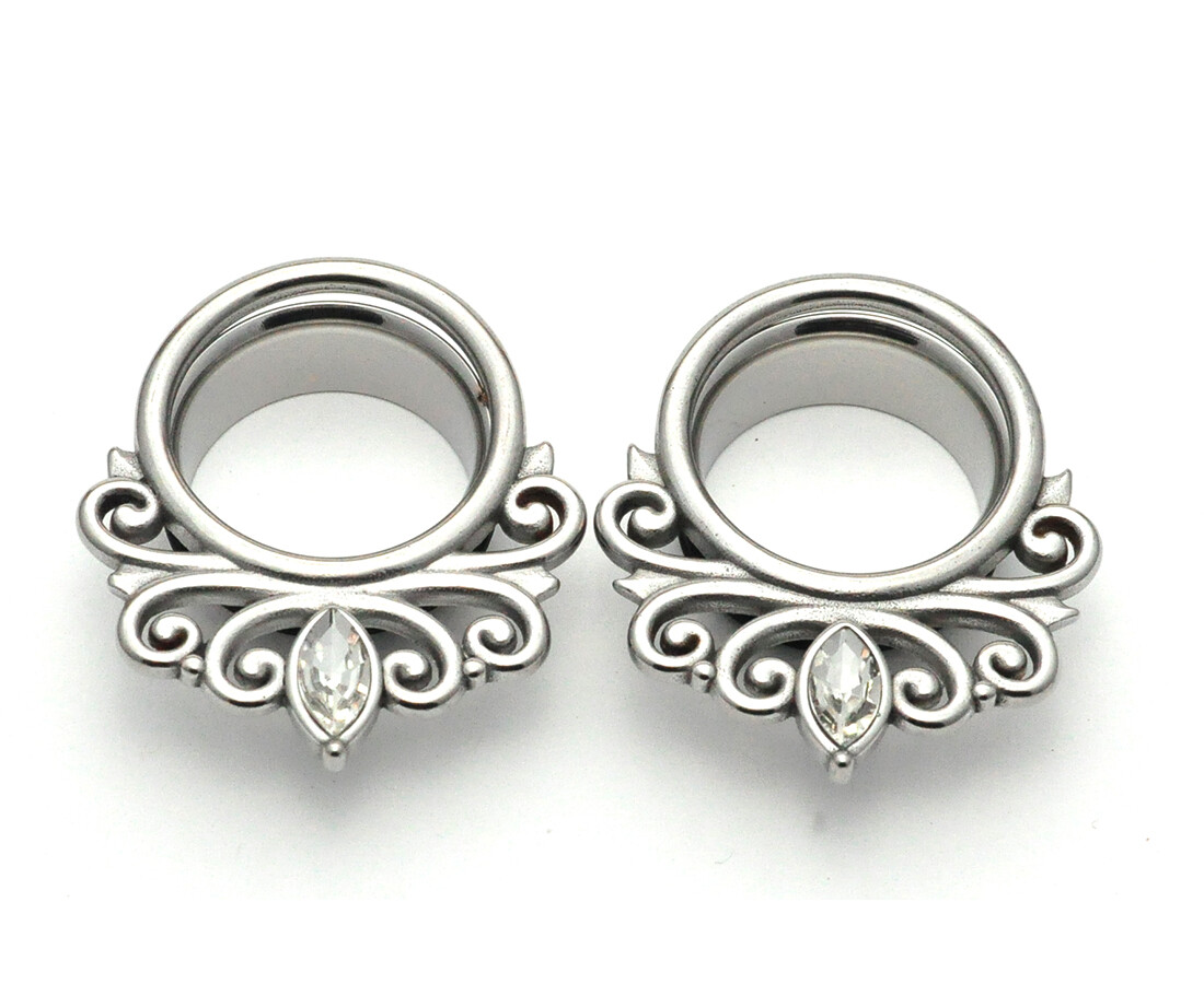 316L Stainless Steel Single Flare Tunnels with Filigree and CZ (PS-280)