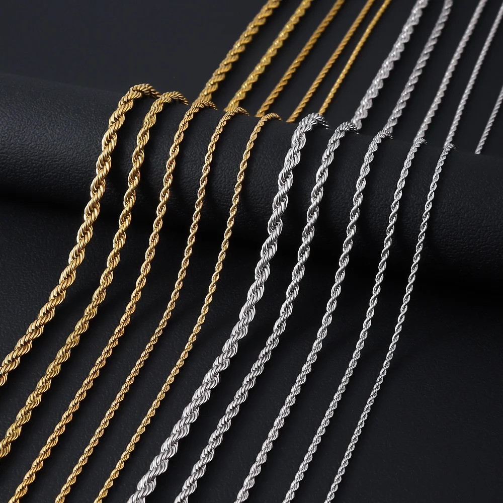 2mm Hip Hop Thin Twist Chain Necklace Punk Silver Color Stainless Steel Men Neck