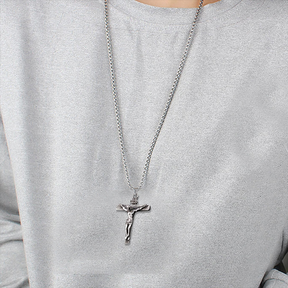 Men Stainless Steel Jesus Christ Crucifix Cross Pendant Chain Necklace