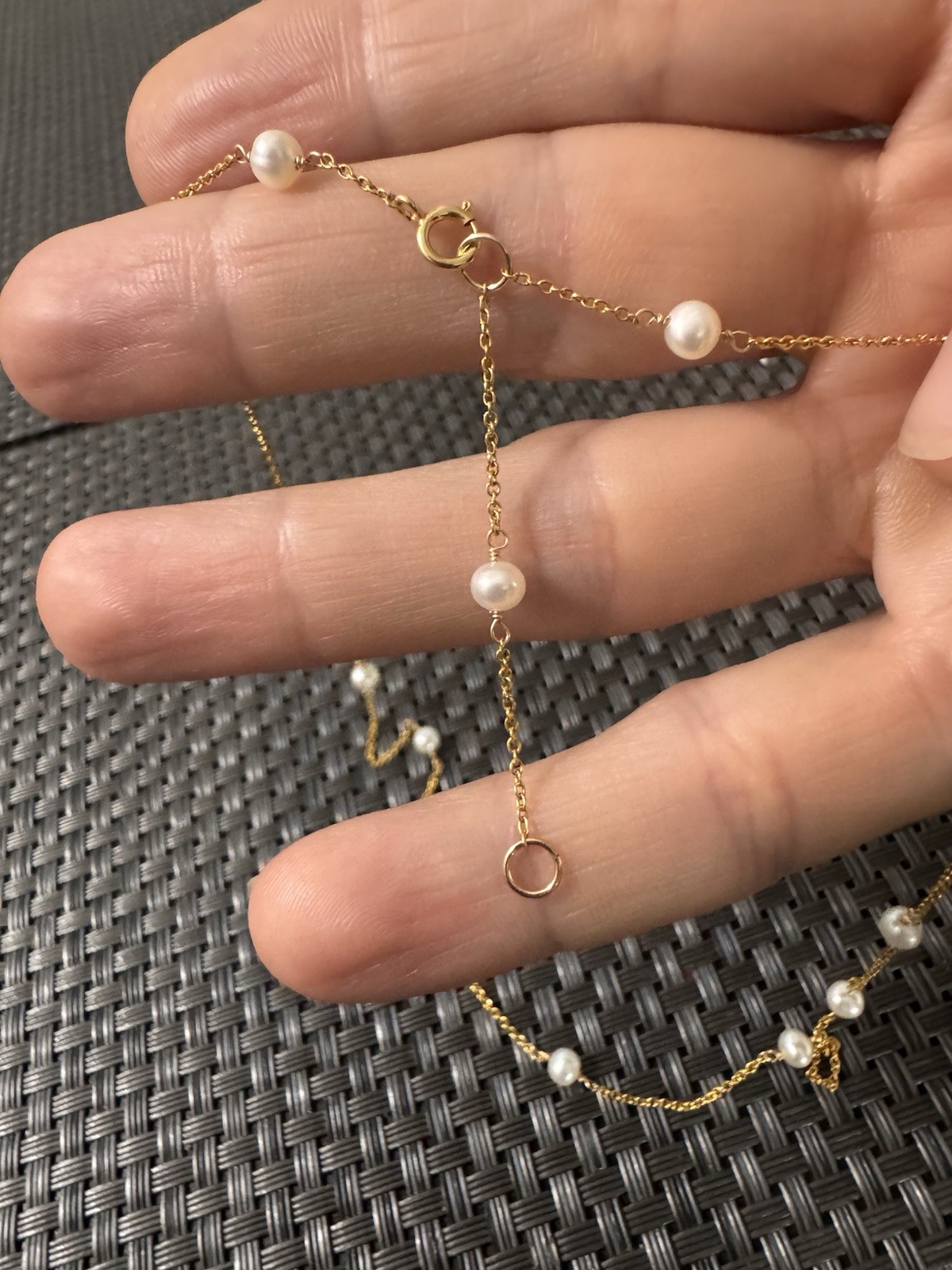 14K Yellow Gold Filled Cable Chain Bracelet w/ 5 Round White Pearls Spring Ring