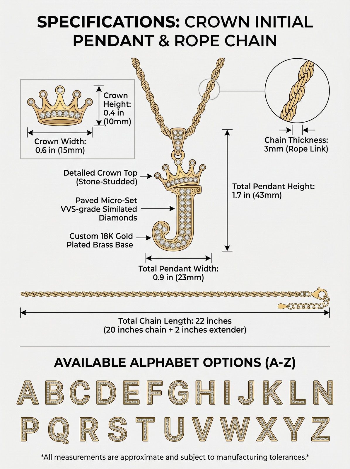 Crown Letter Necklace – Bling Rhinestone Initial Pendant with Gold Chain