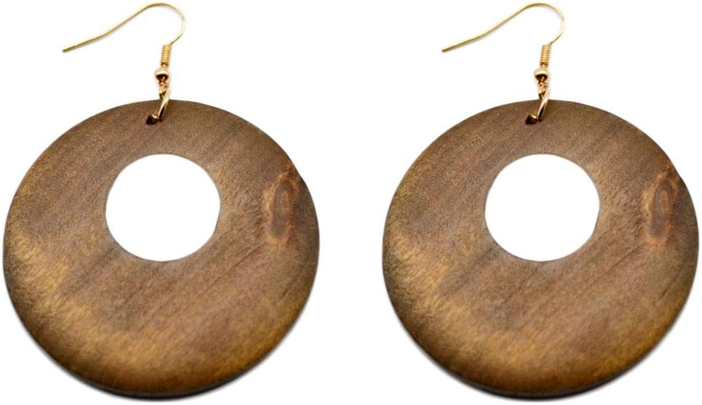 4 Pairs Ethnic Big Geometric round Circle Teardrop Wood Dangle Earrings Wooden D
