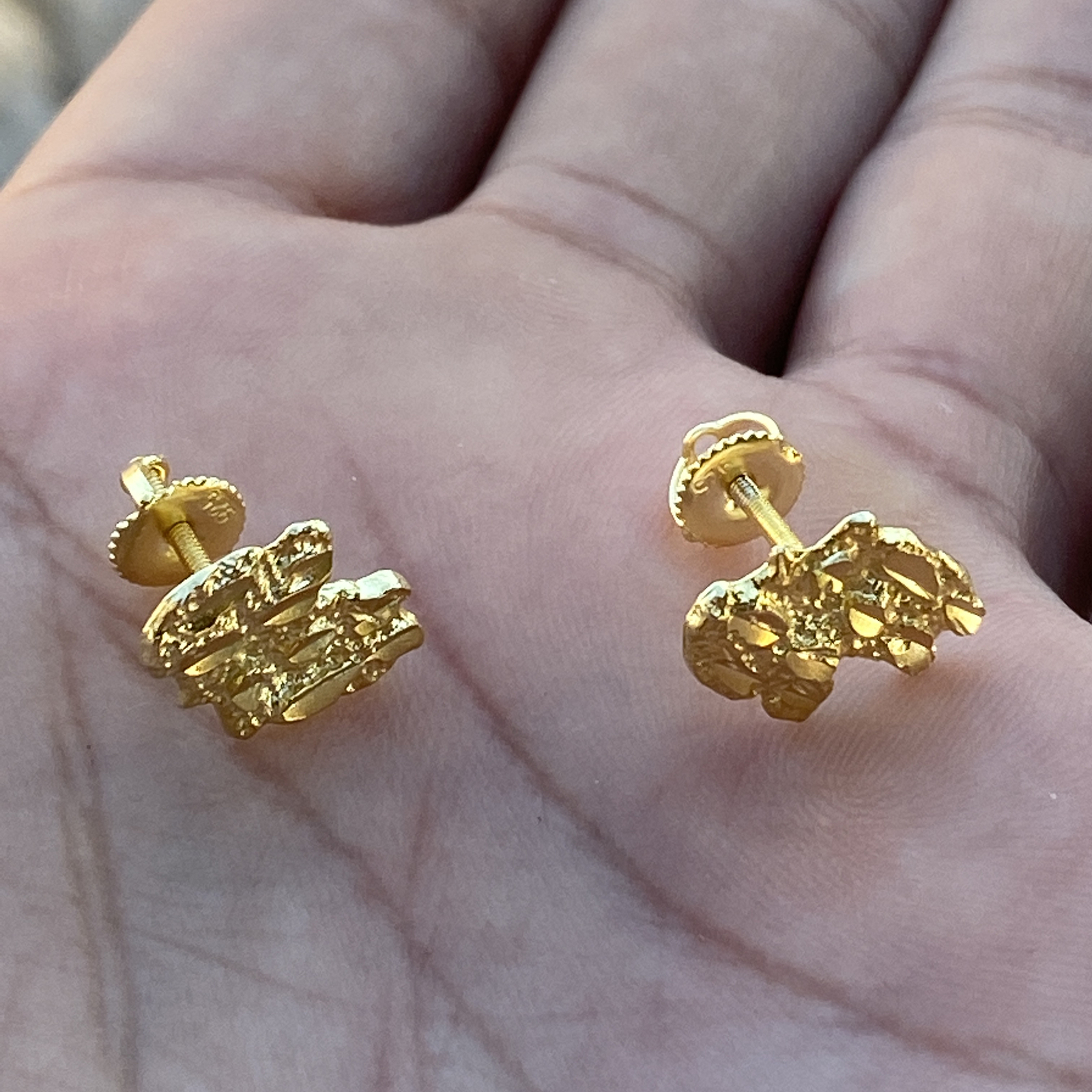 14k Gold Plated Nugget Earrings 925 Sterling Silver Cut Screw Back 14MM