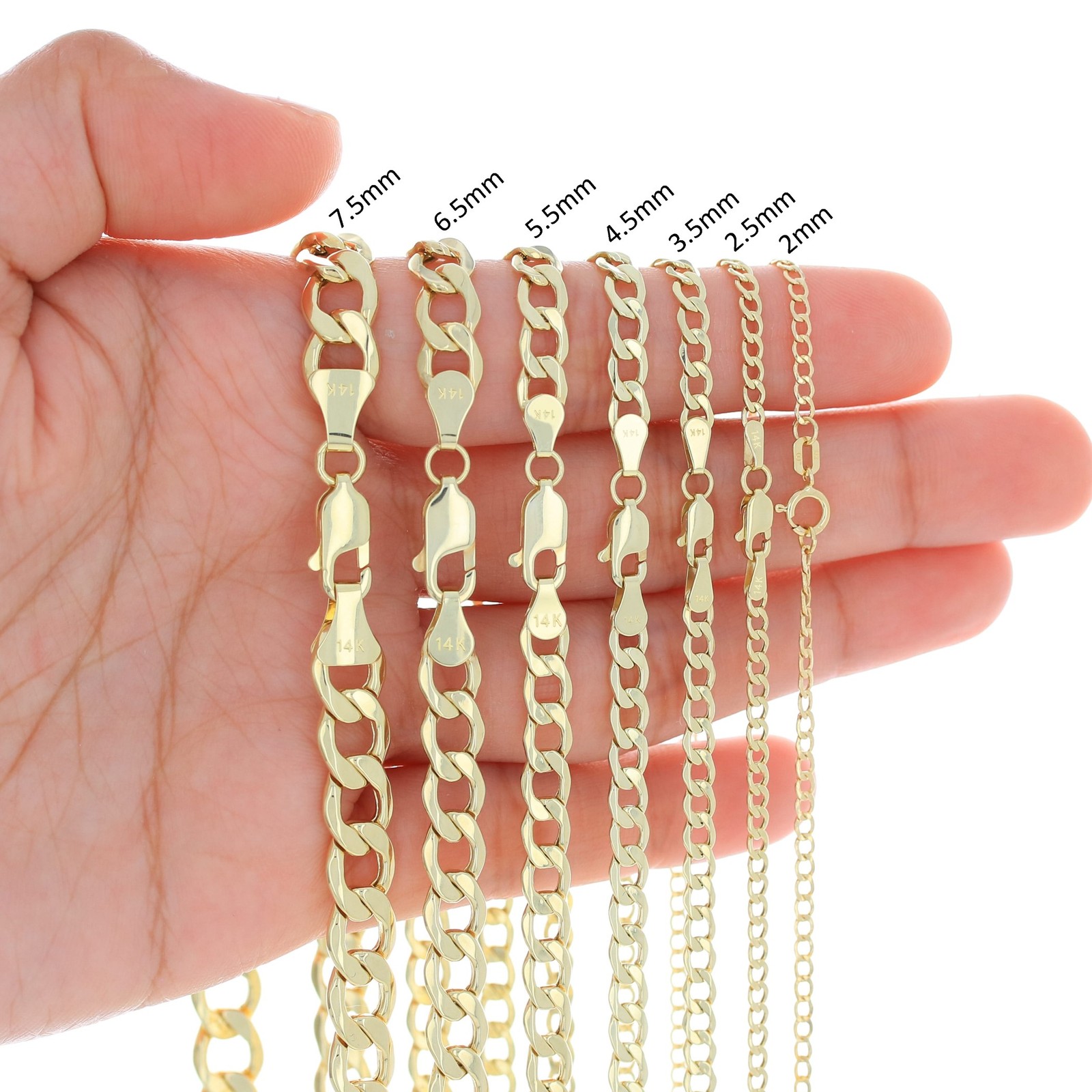 14K Yellow Gold 2mm-7.5mm Cuban Link Curb Chain Necklace Mens Womens, 16″- 30″