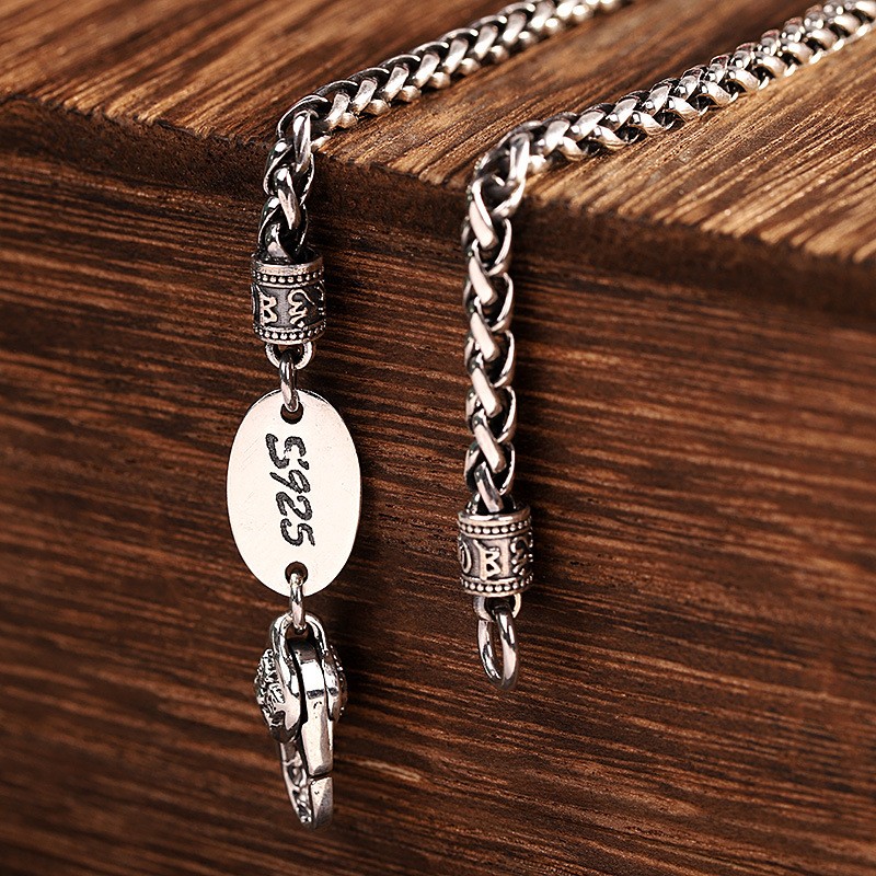 Men’s Thai Sterling Silver Spiga/Wheat Chain, 925, Reversible Lotus Tag Necklace