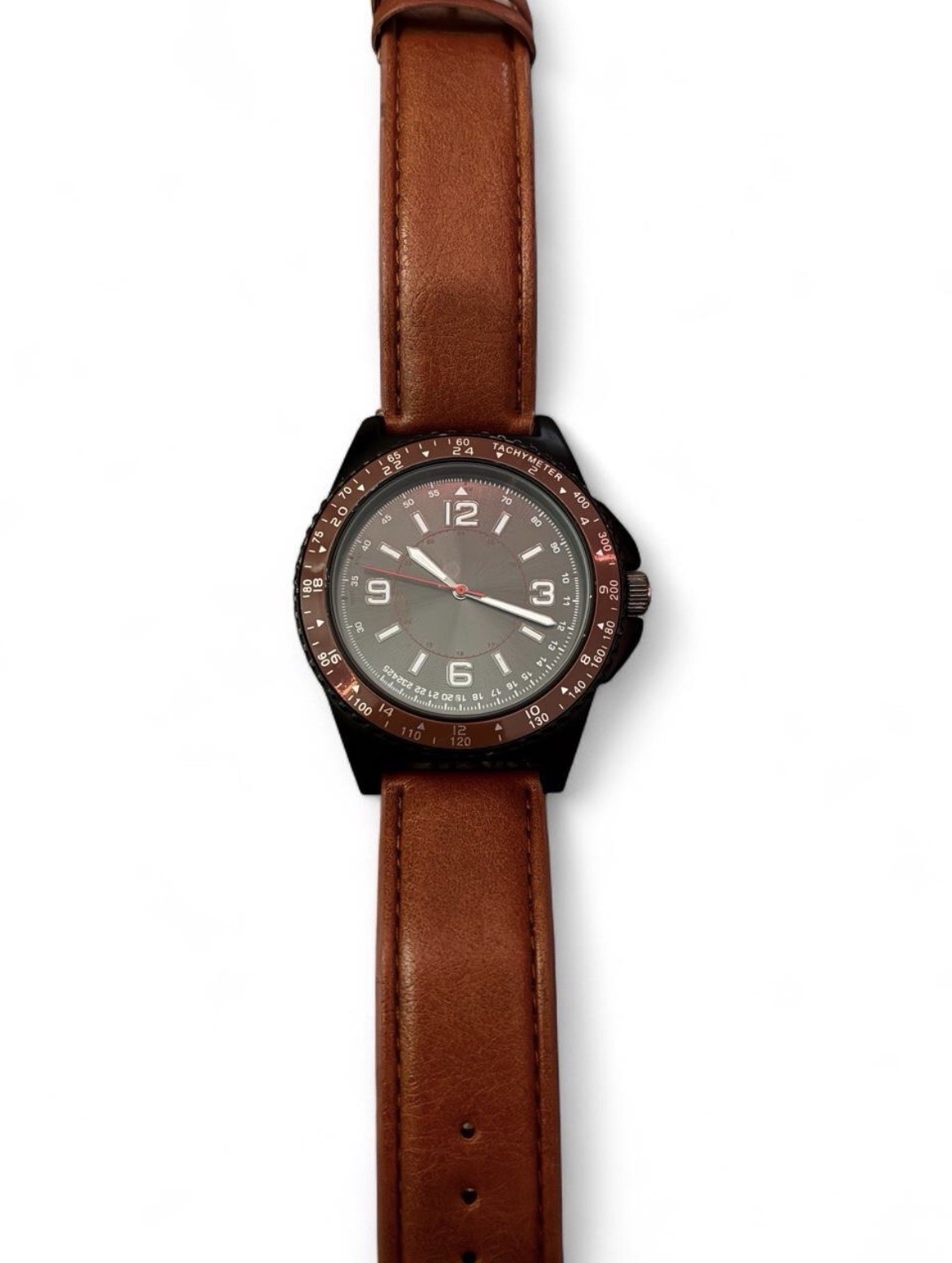 Mens Analog Wristwatch Tachymeter Brown Leather Strap Black Case Gray Dial