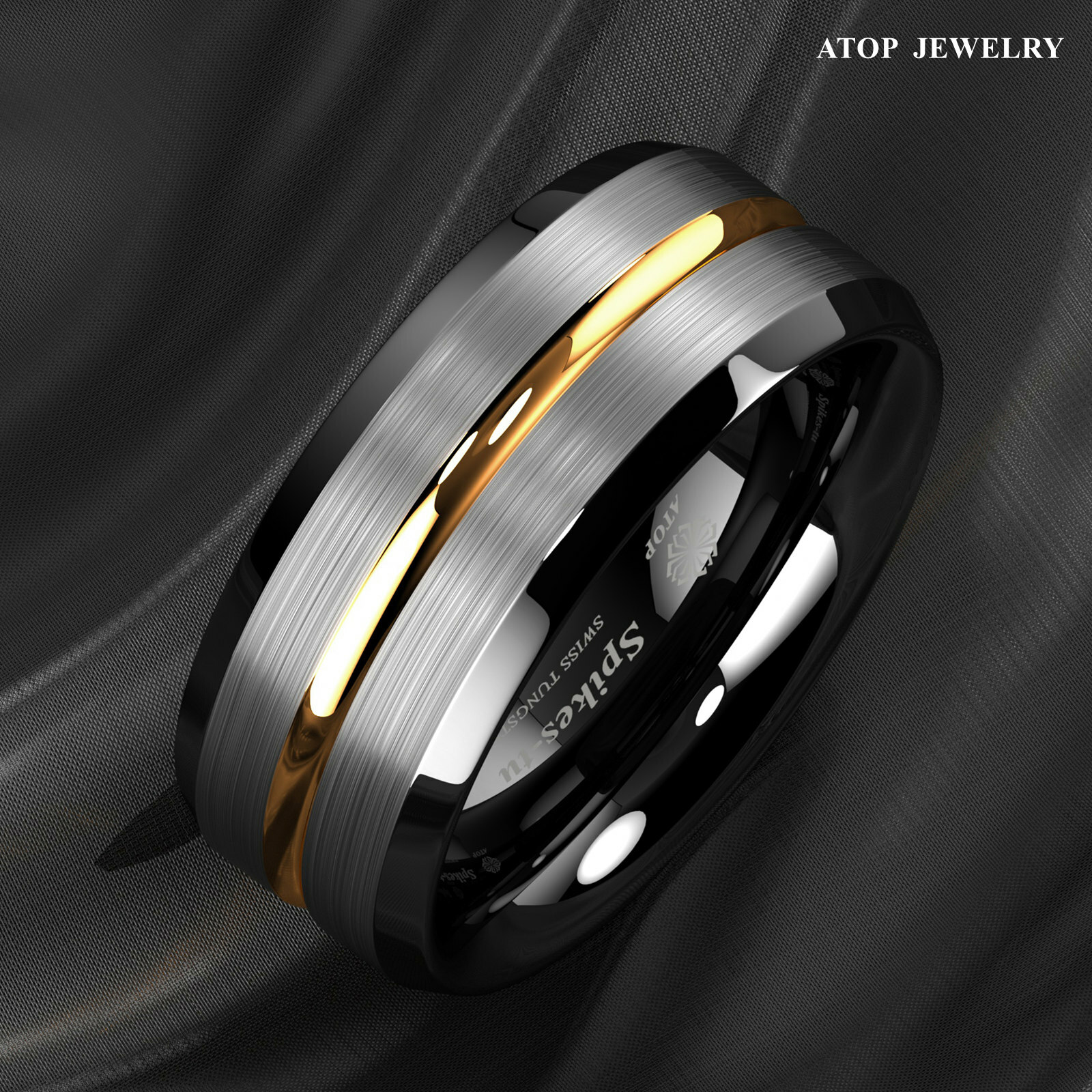 8/6Mm Silver Brushed Black edge Tungsten Ring Plated Metal ATOP Men wedding band