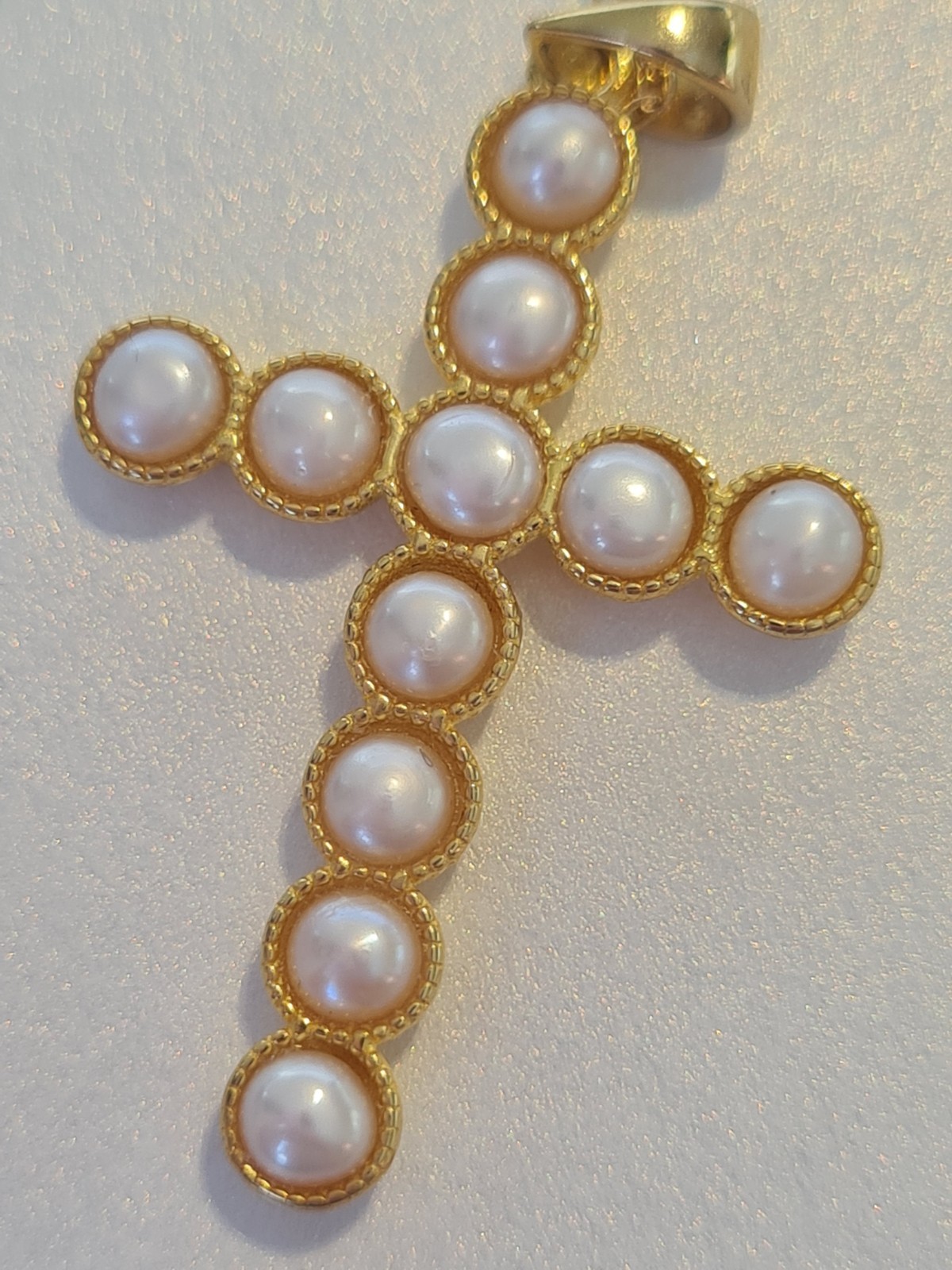 KEZEF Italian Gold over Sterling Silver Real Pearl Christian Cross + Necklace