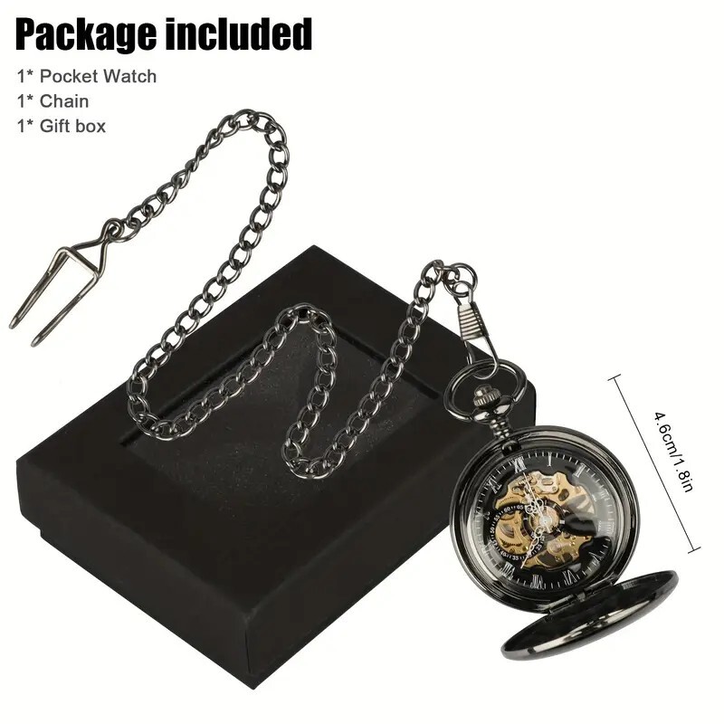 NEW! Automatic Mechanical Self-Winding Pocket Watch – Black – Great Gift for Dad