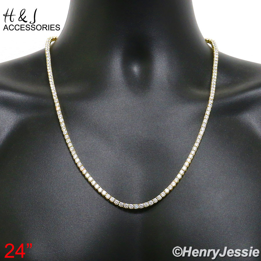 MEN 14K GOLD PLATED 16″-30″X4MM GOLD BLING 1 ROW TENNIS CZ CHAIN NECKLACE*BGN2