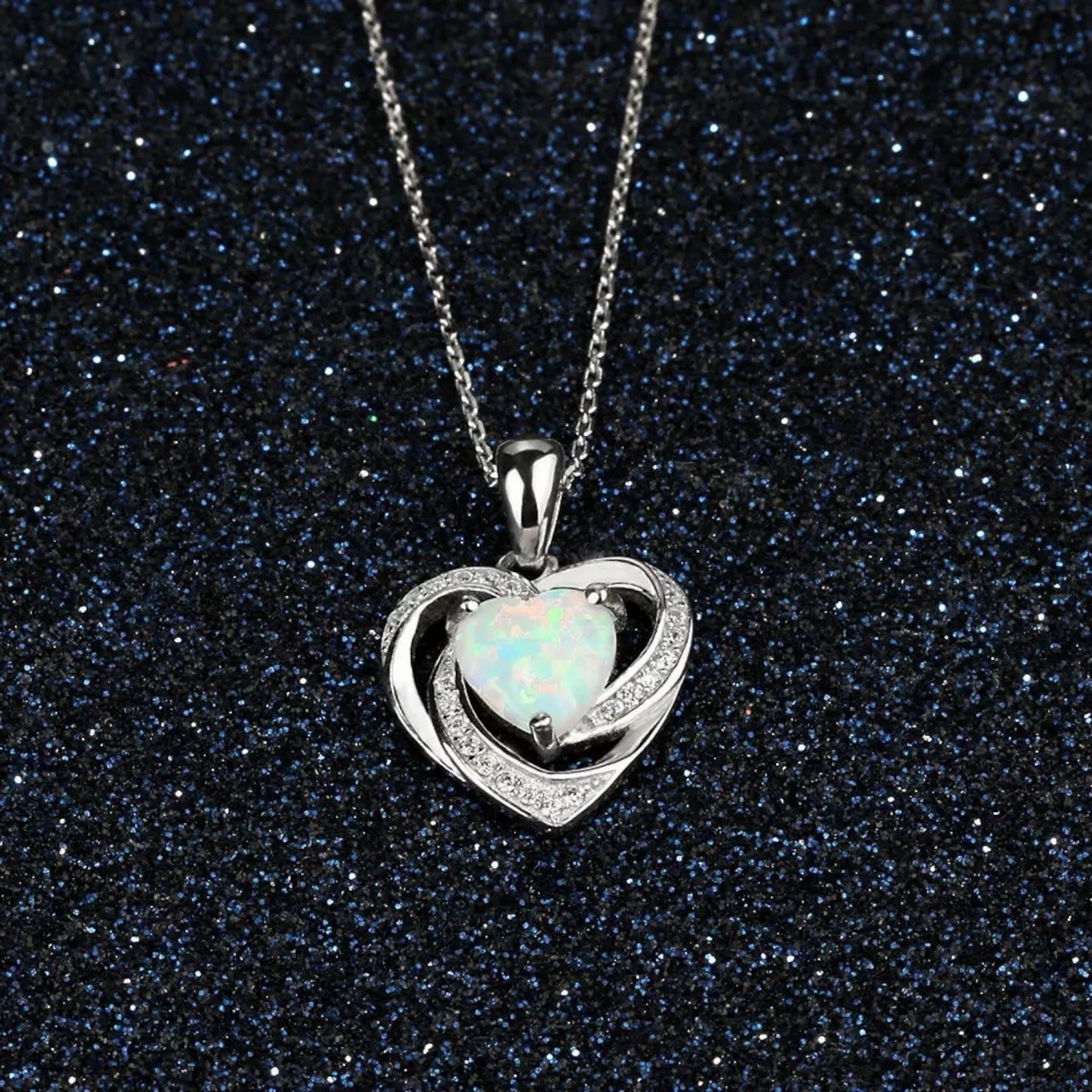 Women Silver Plated Opal Heart Pendant Necklace 18” Lab-Created B90