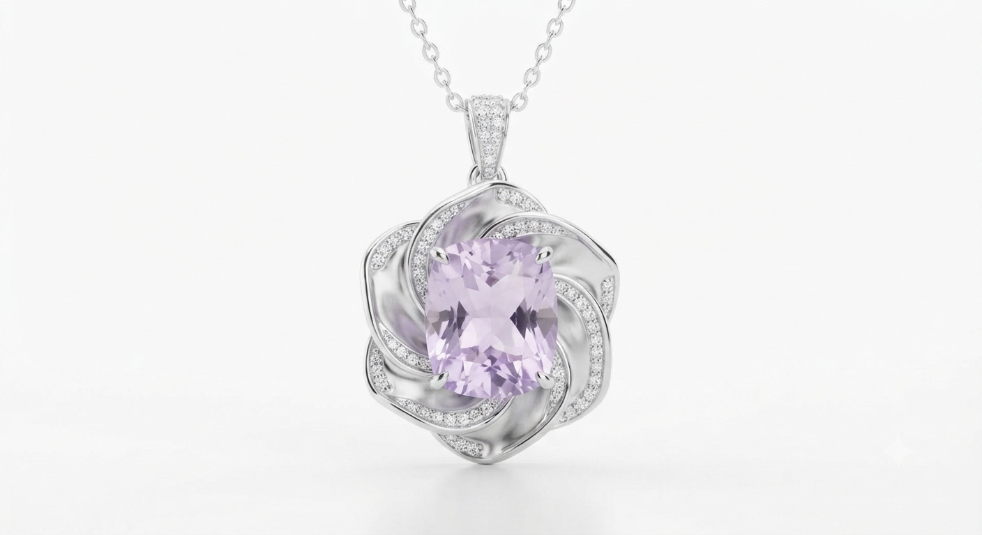 Cushion Cut Light Purple Gemstone Pendant Necklace Sparkling CZ Swirl chain