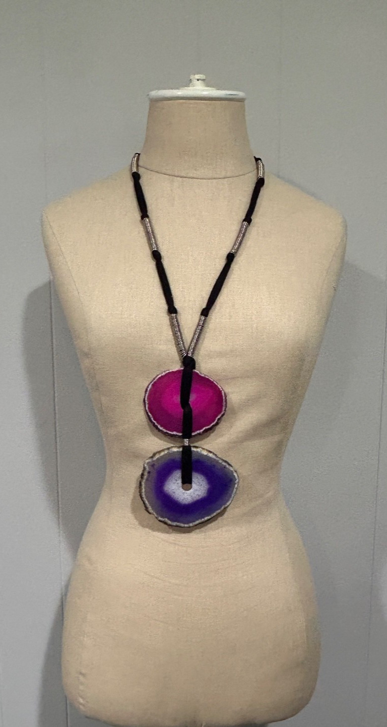 Vintage 2010 YVES SAINT LAURENT Pink Purple Agate Disc Pendant Necklace