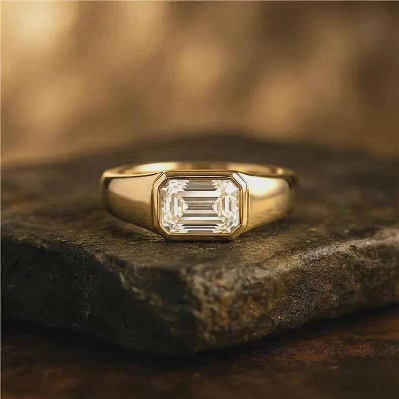 2 CT Emerald Cut East West Signet Moissanite Ring 925 Sterling Silver Jewelry