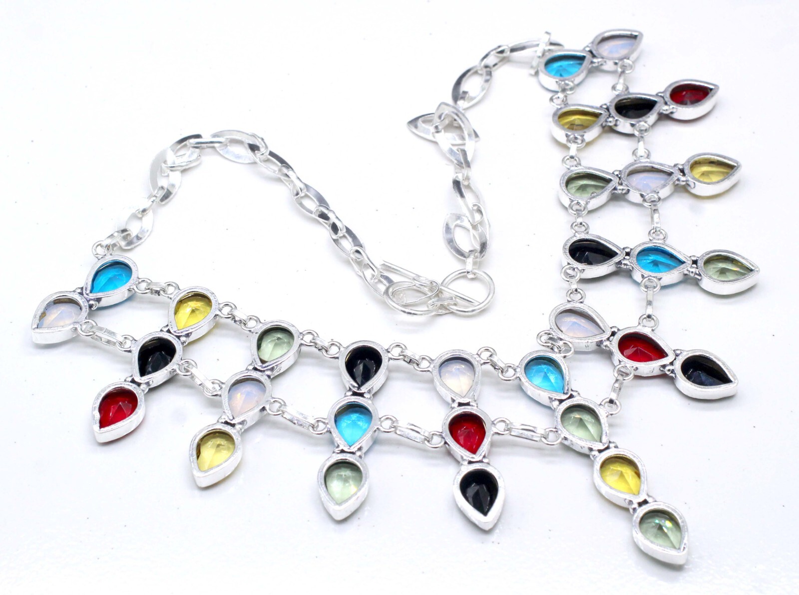 925 Sterling Silver Swiss Blue Topaz & Mix Gemstone Jewelry Necklace Size-17-18