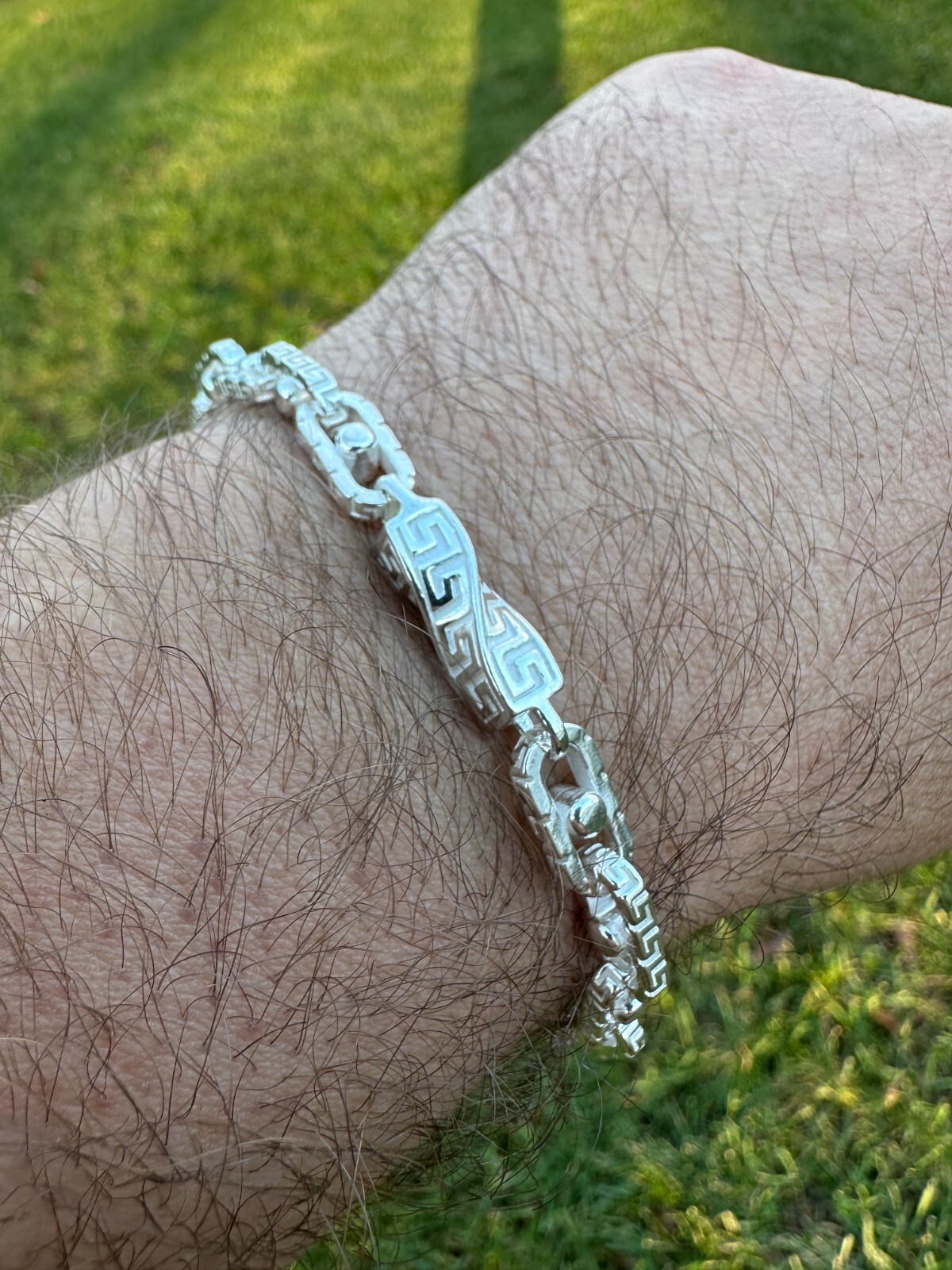 Real 7mm 925 Sterling Silver Custom Greek Key Hermes Rolo Link Chain Bracelet