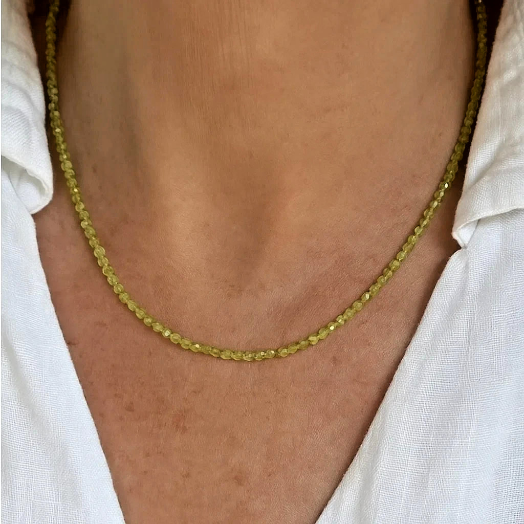 Delicate Peridot 2mm Faceted Rondelle Gemstone Beaded Healing Choker Necklace
