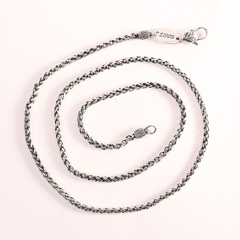 Men’s Thai Sterling Silver Spiga/Wheat Chain, 925, Reversible Lotus Tag Necklace