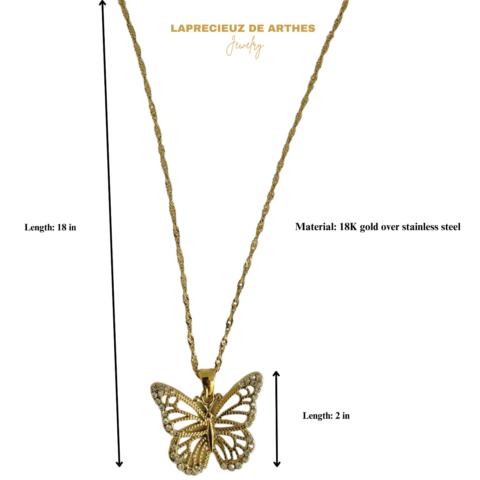 Unique Butterfly Pendant Necklace 18K Gold over Stainless Steel CZ waterproof