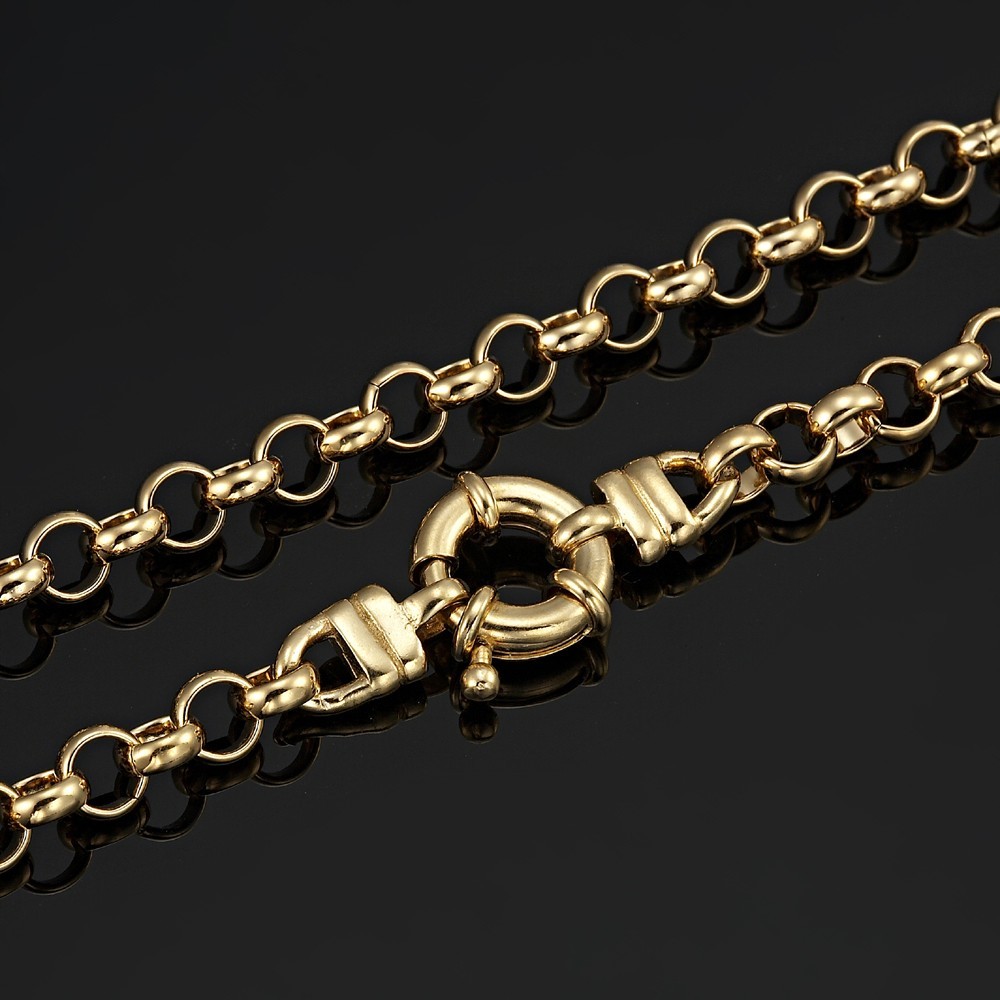 18K GL Solid Belcher Yellow Gold Necklace with Antique Style Lifebuoy Clasp