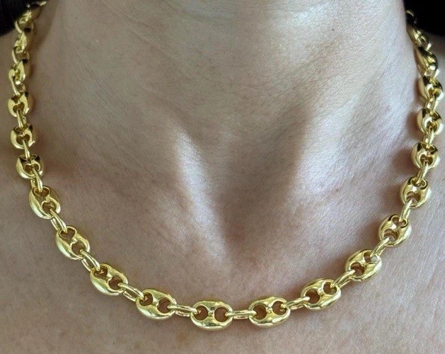 14k yellow Gold Plated Puffy Puffed Anchor Mariner Link Chain Necklace