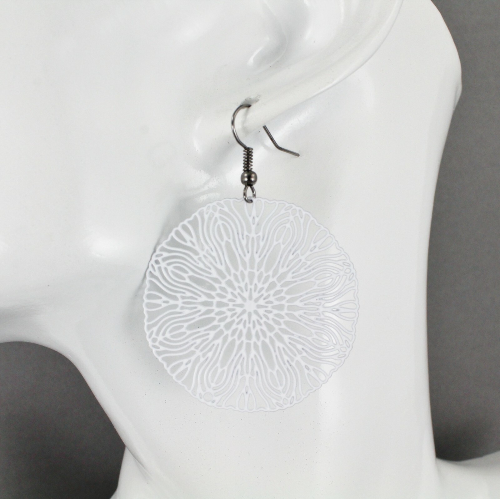 White round earrings cut out flower filigree scroll circle 2 1/8 long very Light