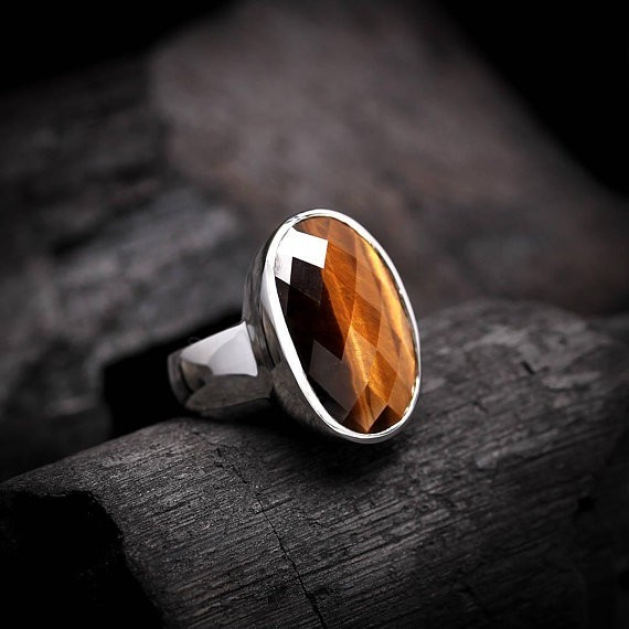 Solid 925 Sterling Silver Natural Brown Tiger’s Eye Gemstone Men’s Unisex Ring