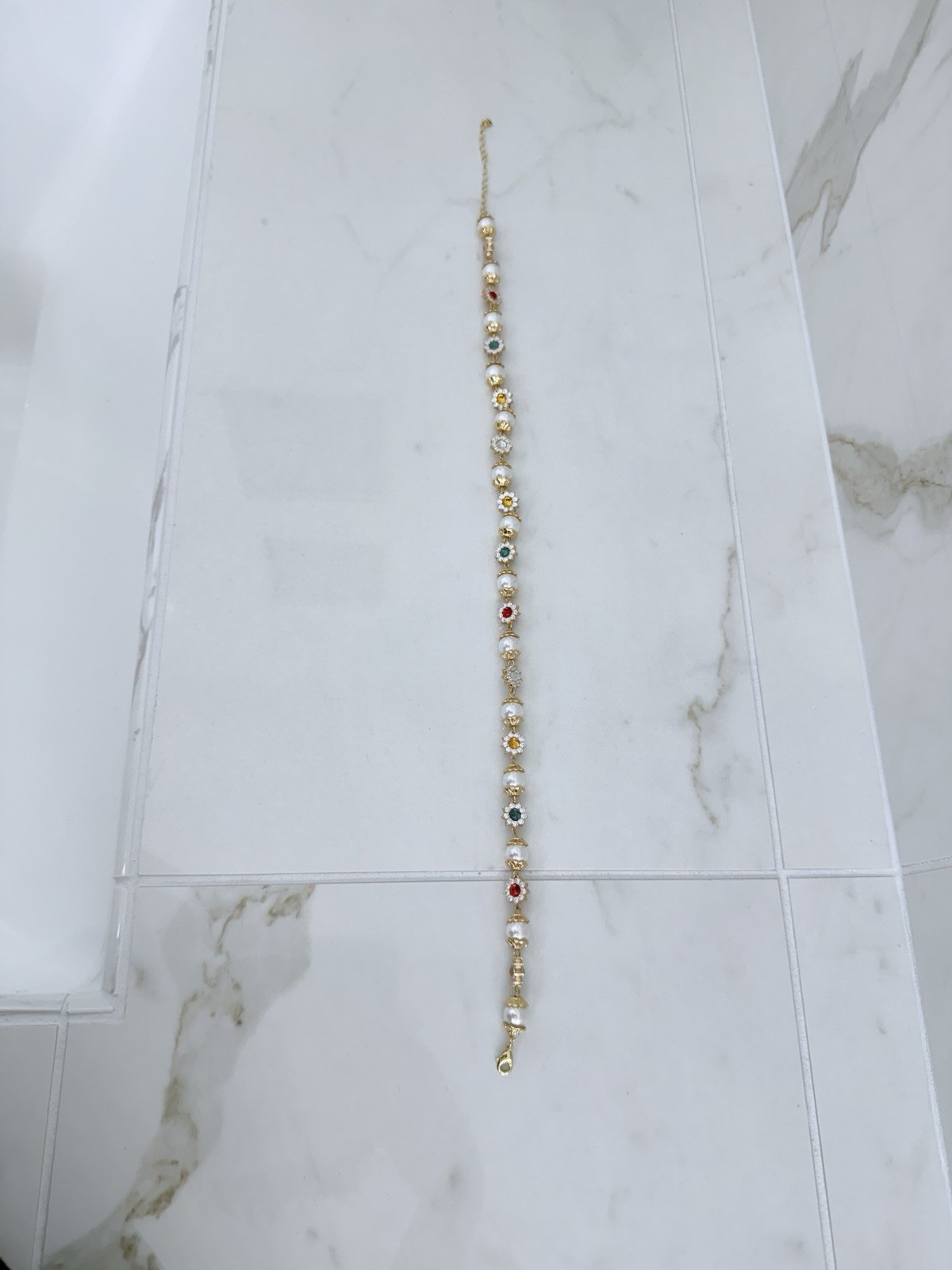 18K Gold Plated Brass Faux Pearl & CZ Floral Statement Necklace