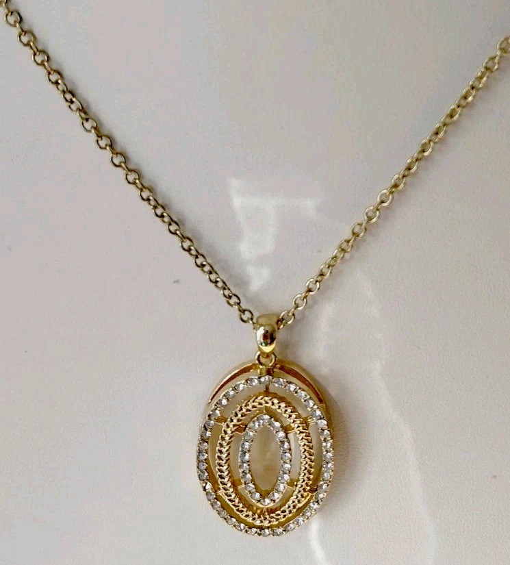 Gold Tone Oval Pendant Necklace _ Clear Rhinestone Accents _ None Missing