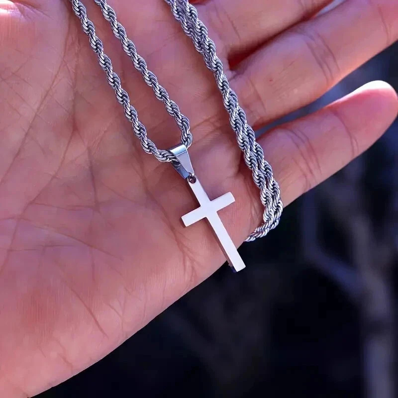 NewMen Stainless Steel Cross Pendant Necklace Hip Hop Simple Chain Silvery Gift