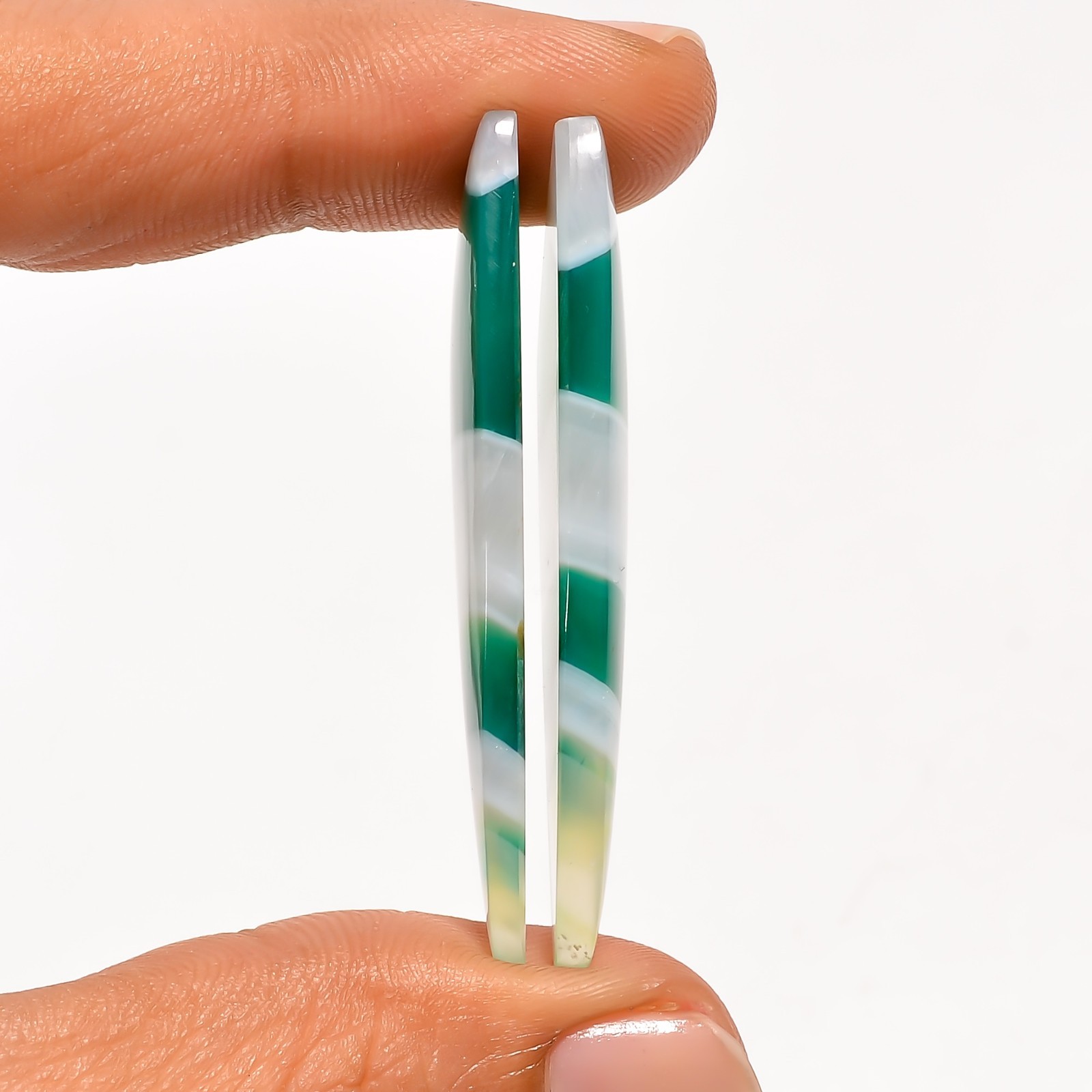 Green Banded Agate Gemstone Matching Pair 46x19mm Fancy Shape Earrings Stone