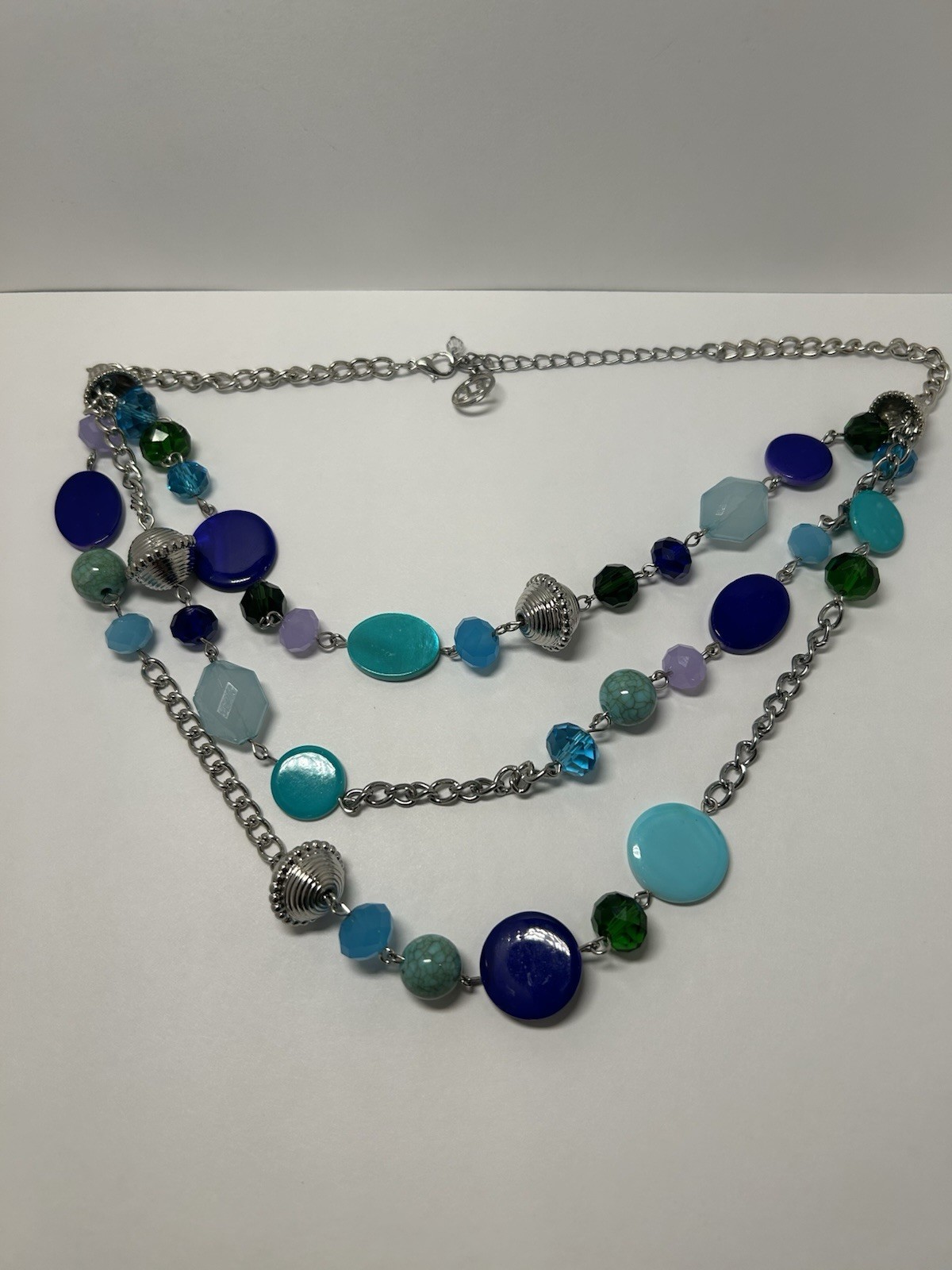 Layered Beaded Cable Chain Necklace Blue Green Purple Glass Crystal Boho