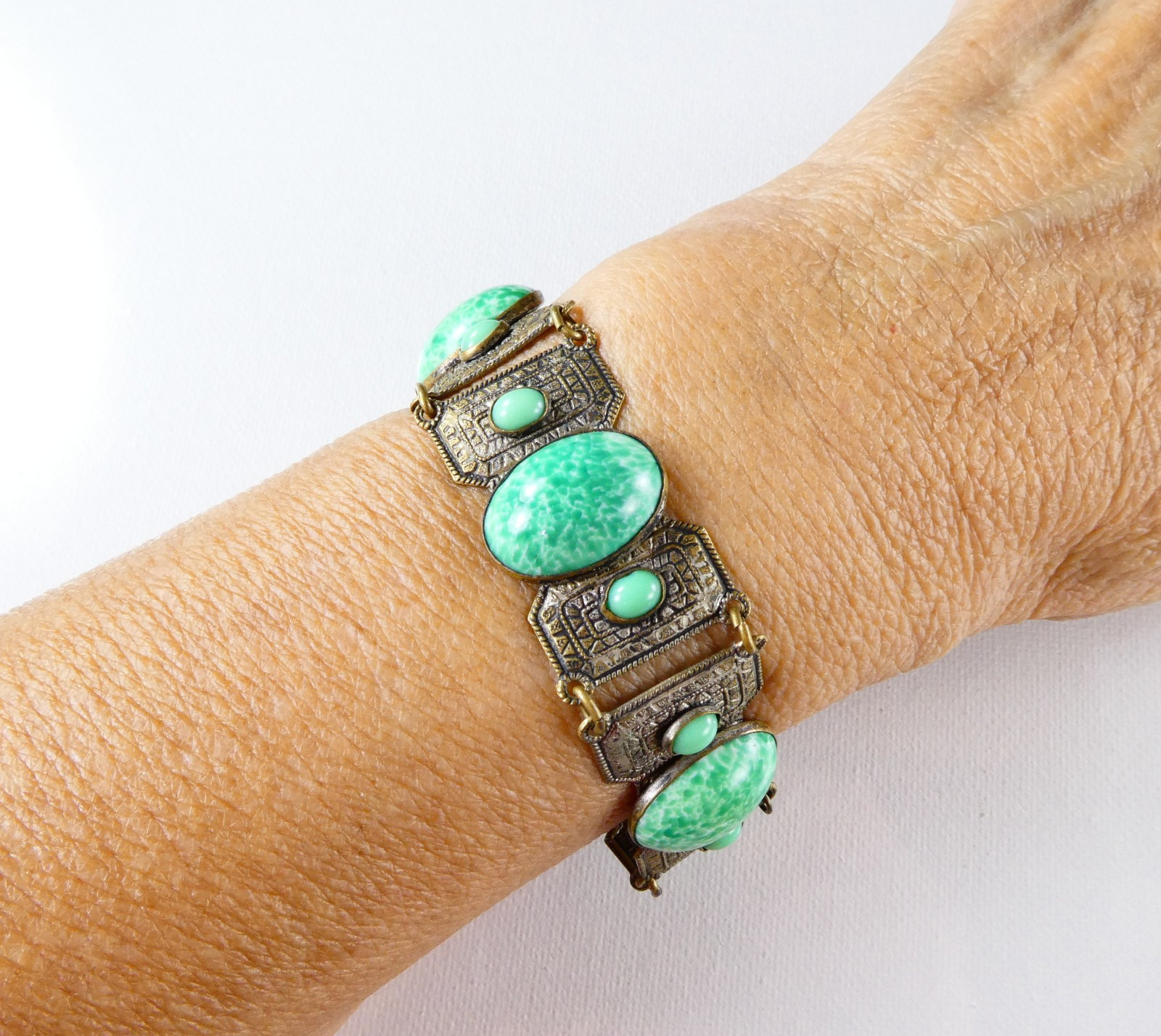 Vintage Czech Ornate Brass Tone Bracelet Filigree Links Peking Glass Cabochons