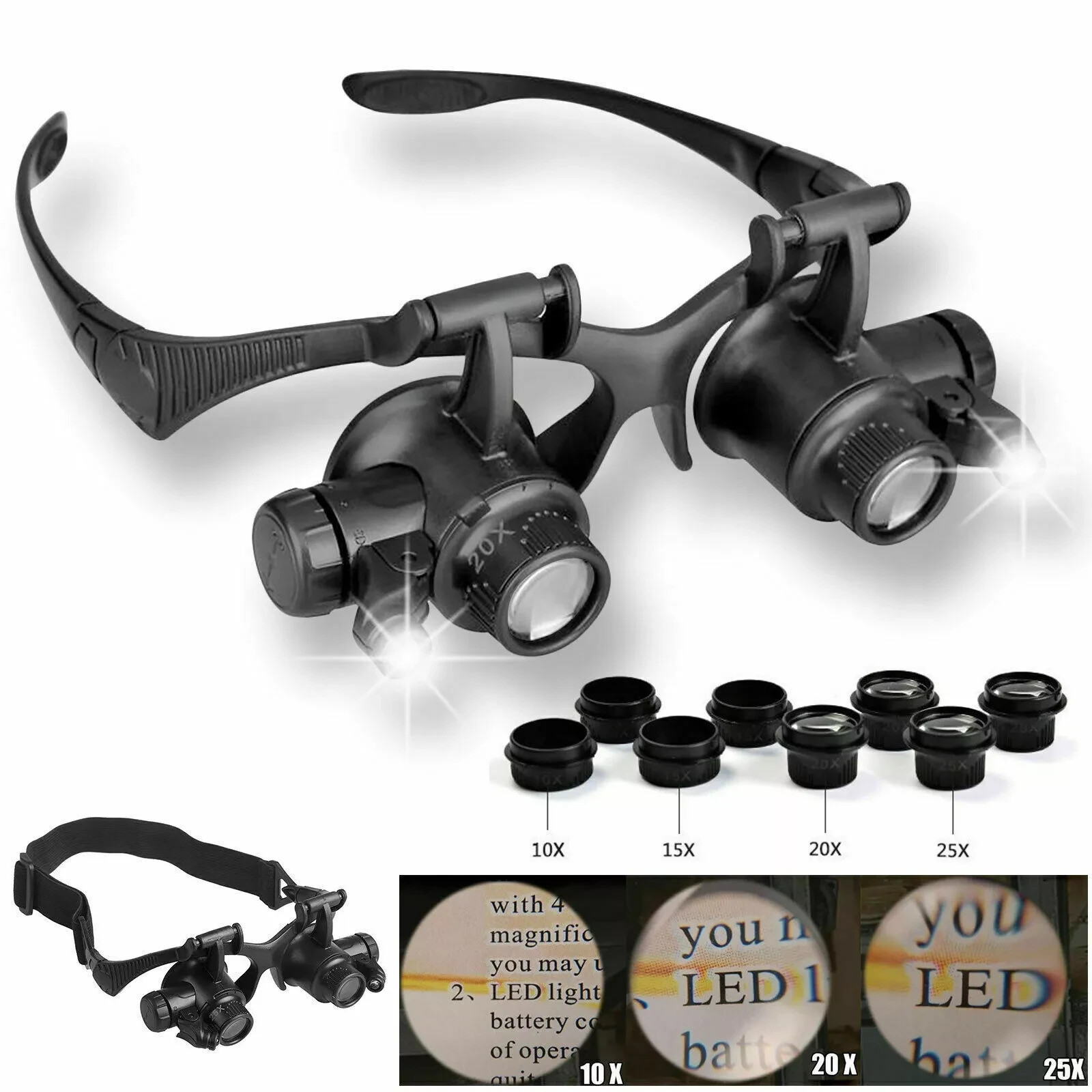 Double Eye Jewelry Watch Repair Magnifier Loupe Glasses With LED Light 8 Lens US
