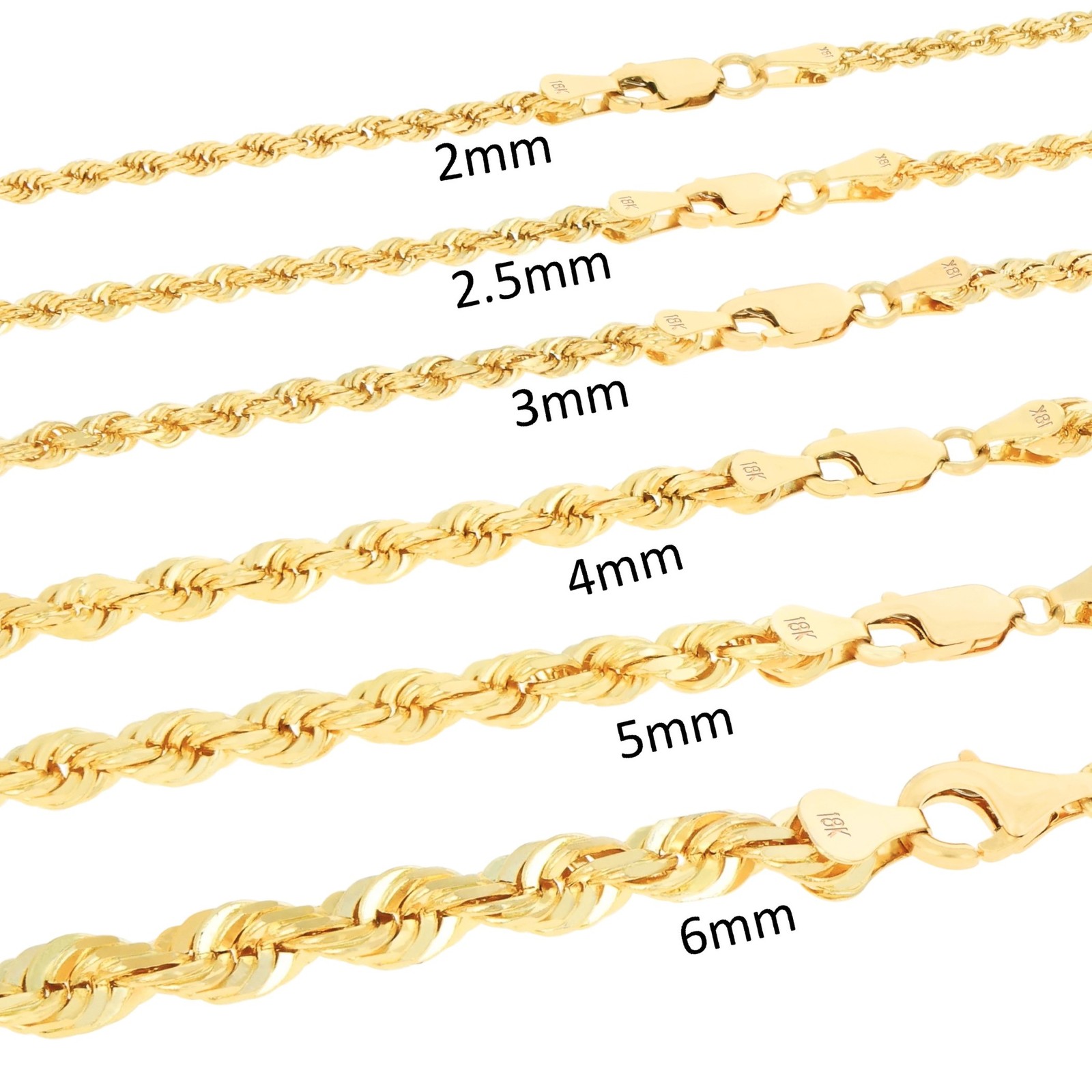 18K Yellow Gold Solid 2mm-7mm Rope Diamond Cut Chain Pendant Necklace 16″- 30″