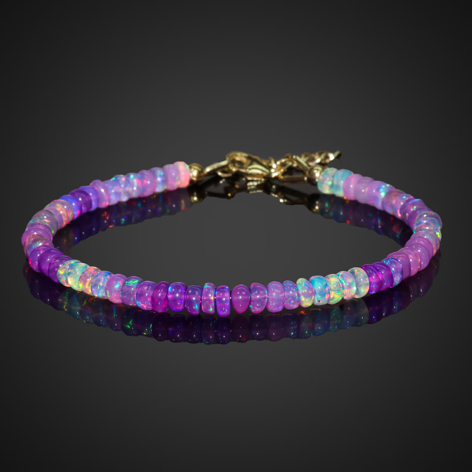 Natural Opal Beaded Bracelet Purple Multicolor Adjustable Bracelet 925 Silver