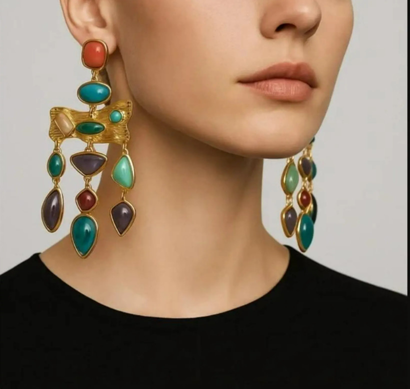 Vintage Boho Multicolor Gold Statement Stone Earrings Birthday gift Vacation