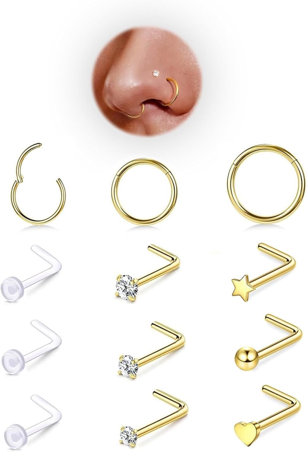 Fashion-Forward 12PC Gold Plated Nose Rings and Studs – Perfect for All Styles