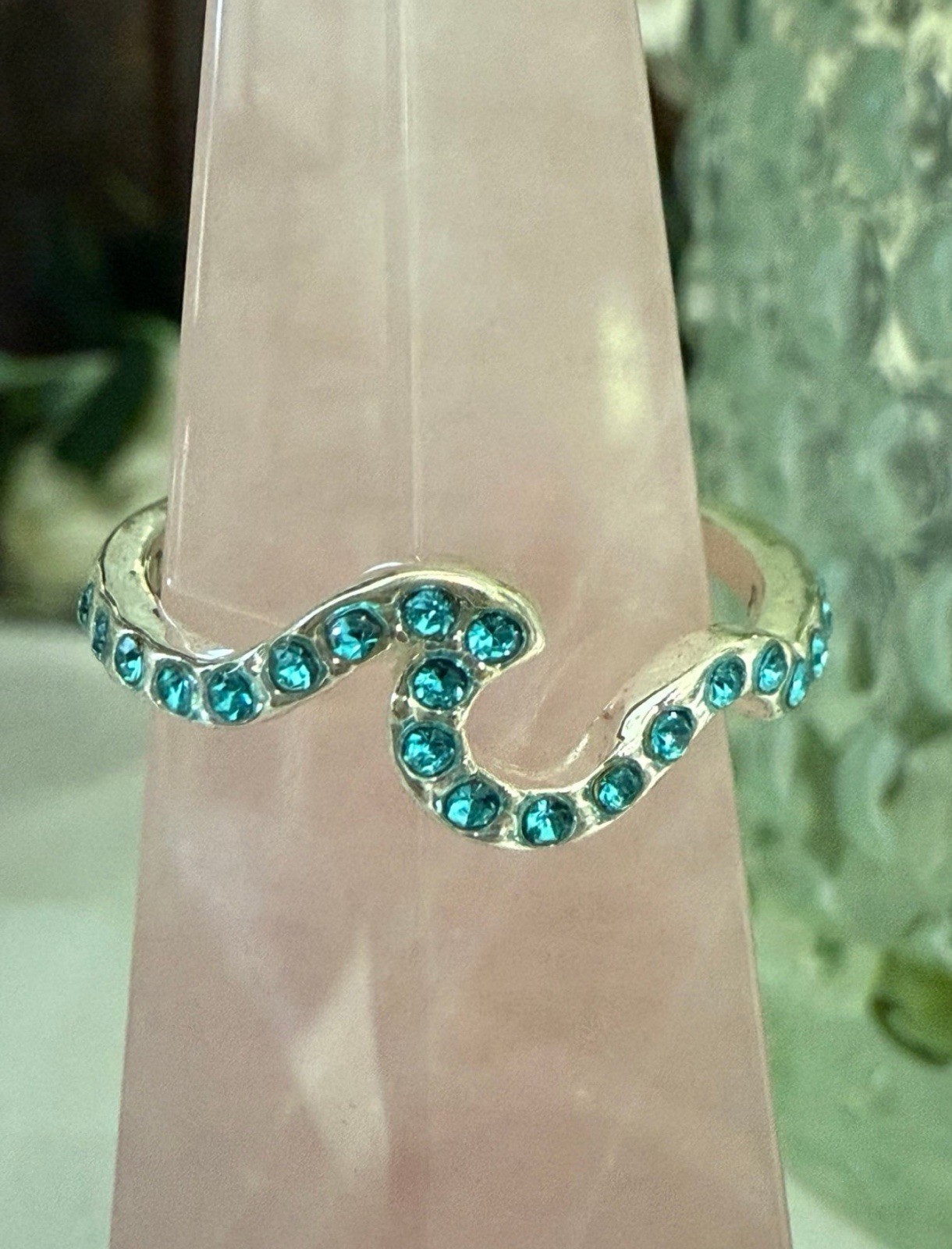 Pretty Silver Ocean Wave Aqua Blue Rhinestones Ring size 6 Beach Jewelry