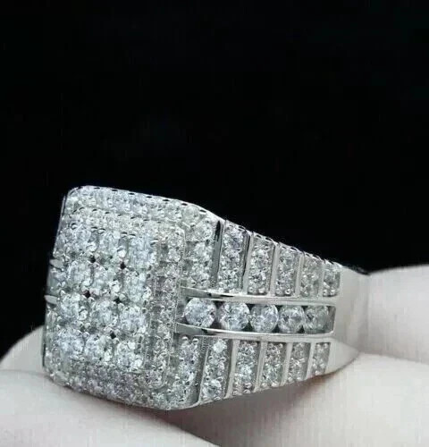 925 Sterling Silver Men’s 3Ct Round Cut Lab-Created Diamond Cluster Wedding Ring