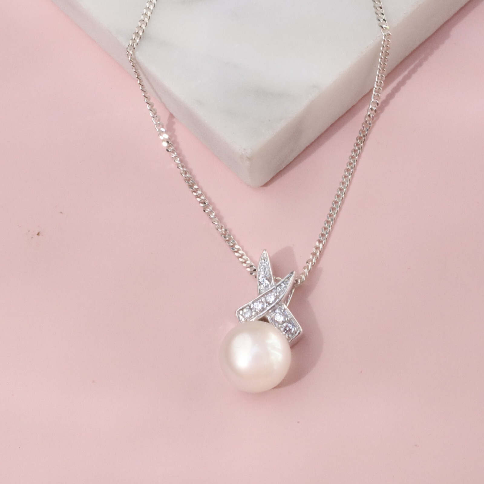 Fresh water Pearl 925 Sterling Silver Pendent female Necklace CZ Italian Chain