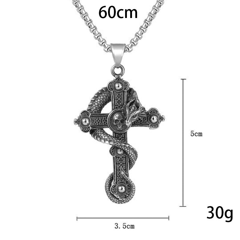 Dragon Wrapped Skull Cross Pendant Vintage Titanium Gothic Punk Necklace For Men